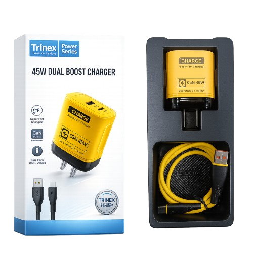 Trinex 45W Super Fast Charger | Dual Port USB-C + USB-A | USB-A to USB-C Cable Included | PD & QC Fast Charging | Samsung, iOS, Xiaomi, Oppo, Realme & OnePlus Compatible